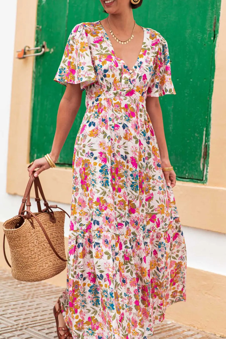 Red Floral Short Sleeve V Neck High Waist Maxi Dress Women UK