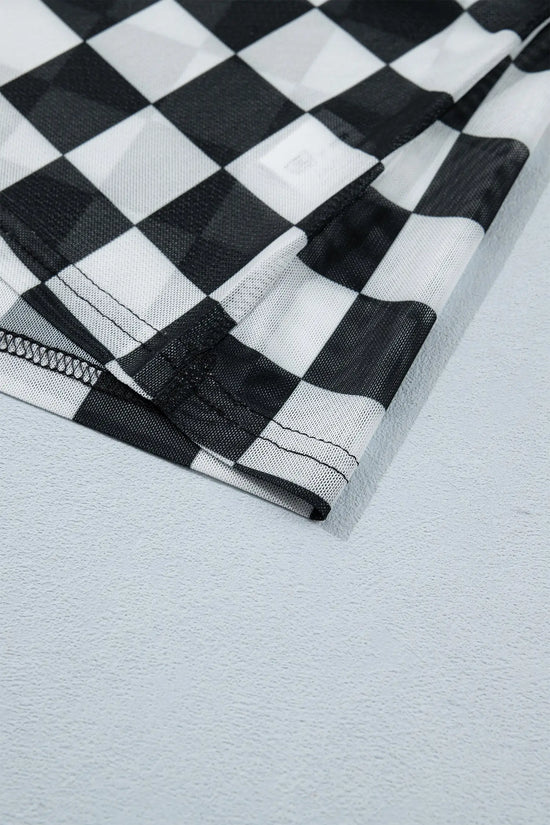Sheer checkered print spaghetti strap slim crop tank top tops