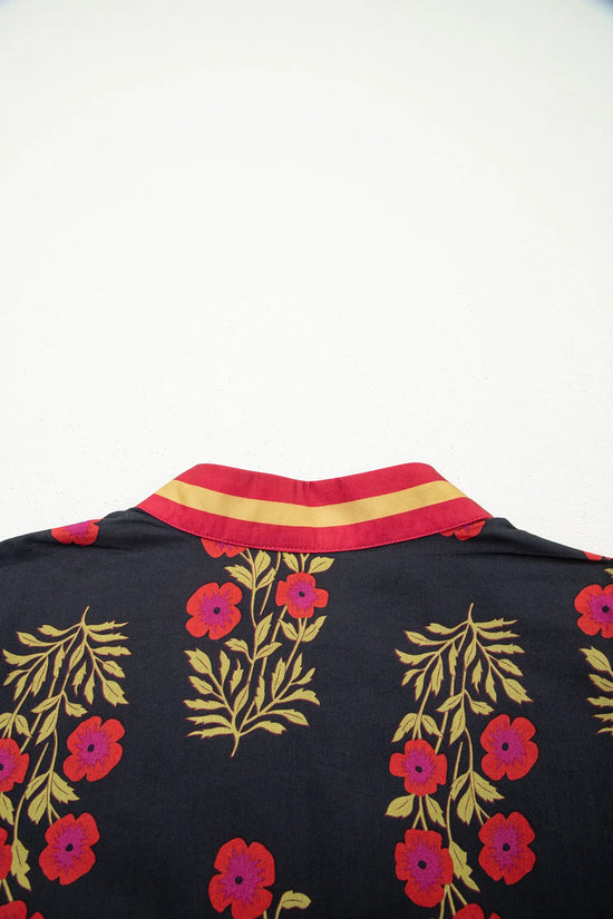 Plus size floral ricrac trim cotton blouse puff sleeve v neck colourblock blouses
