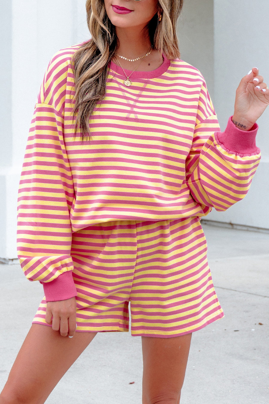 Yellow Stripe Colour Block Long Sleeve Top & Casual Shorts Set Women UK