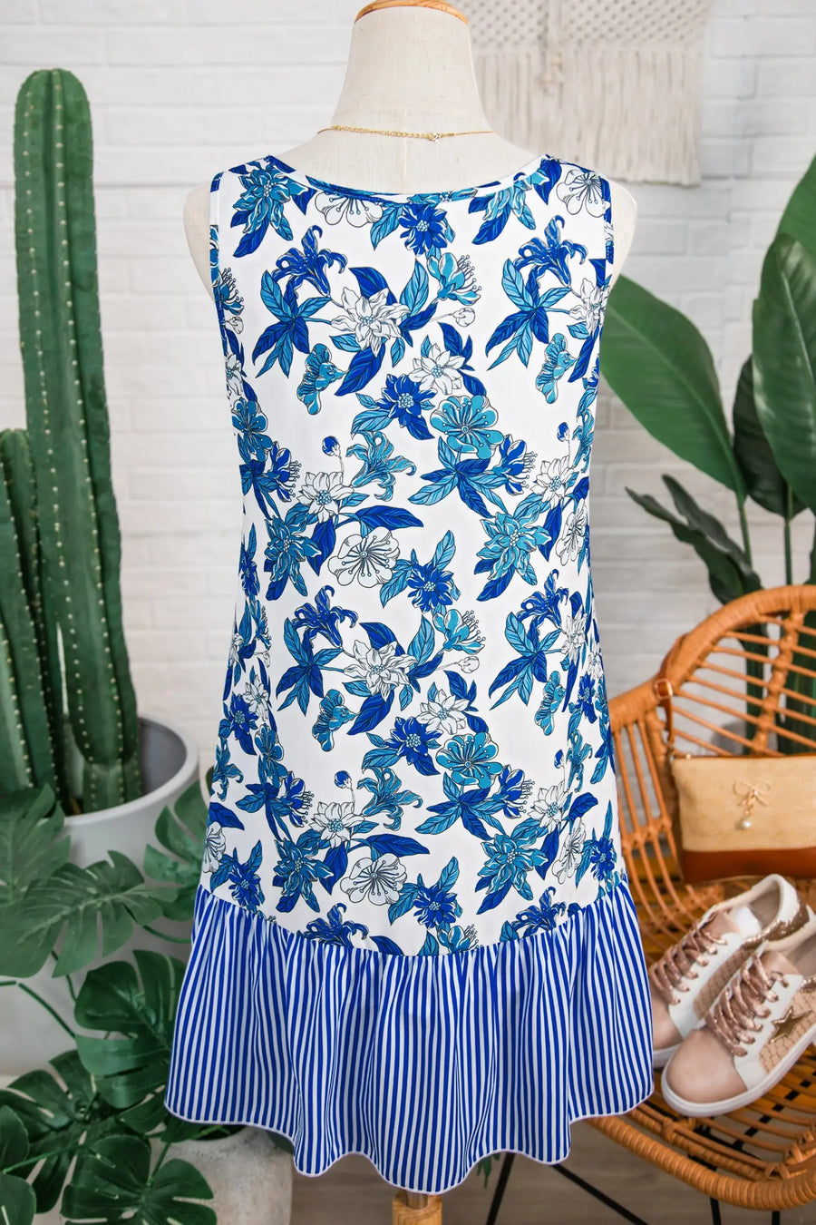 Sky Blue Floral U Neck Sleeveless Striped Ruffle Hem Dress Women UK — lifestyle view