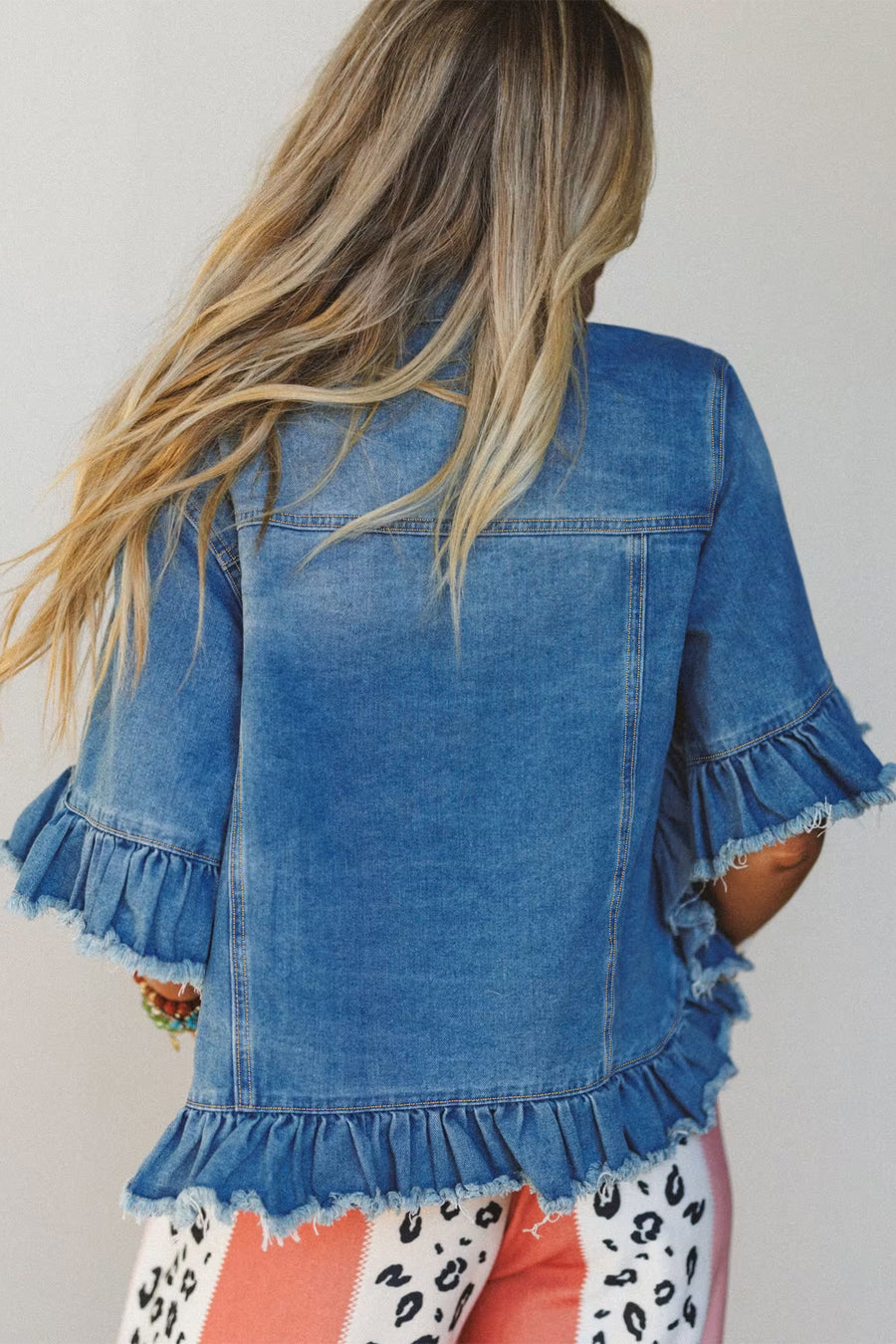 Ruffle Hem Raw Edge Half Sleeve Denim Jacket Women UK