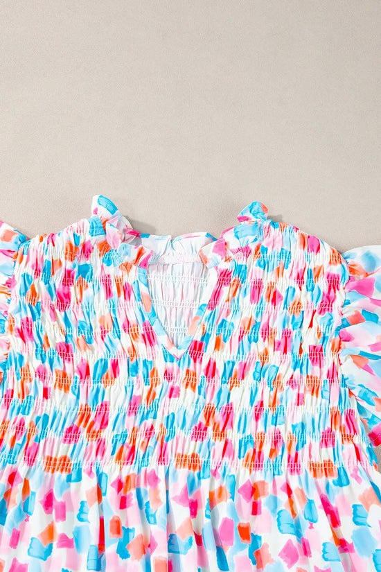 Shirred blouse - ruffled abstract print blouses