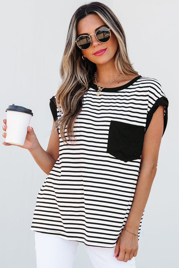Stripe Chest Pocket Patch Round Neck Tank Top Women UK
