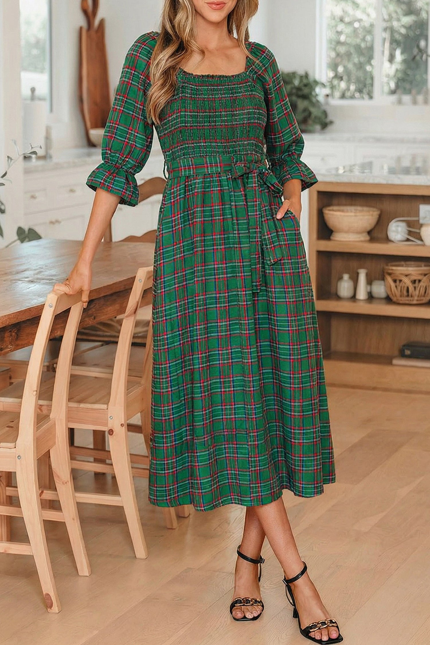 Red Green Tartan Plaid Flared Midi Dress