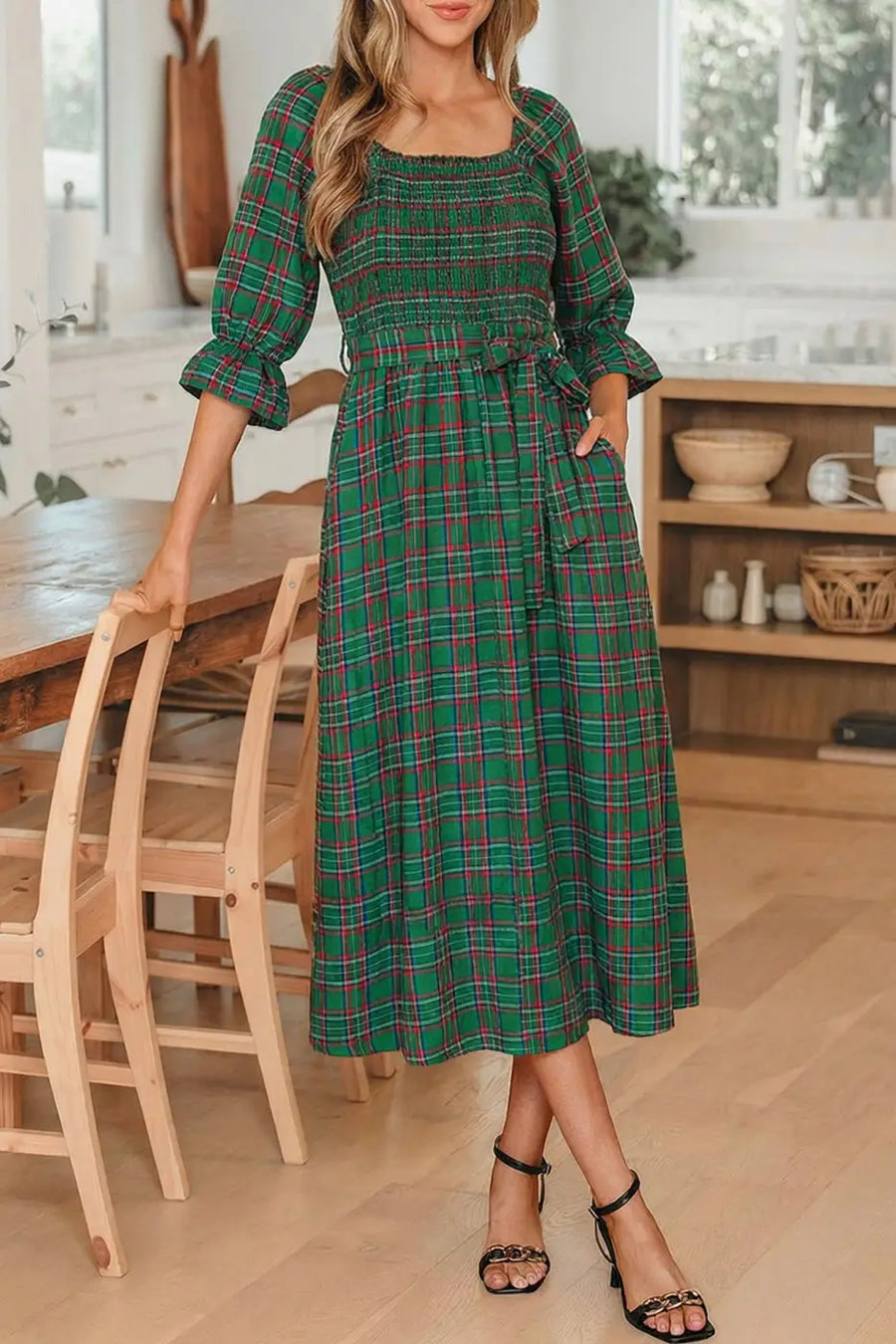 Red green tartan plaid flared midi dress dresses