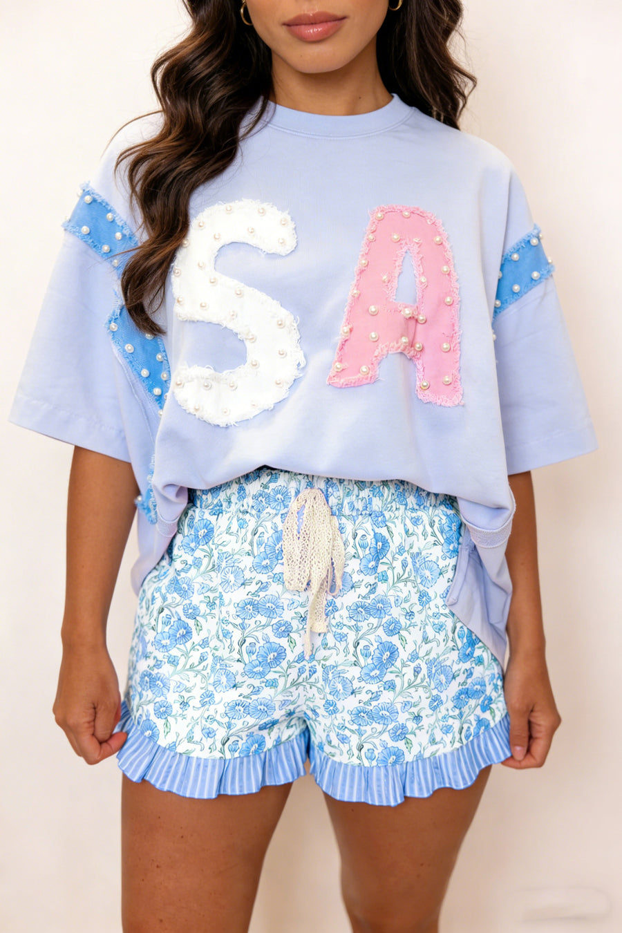 Floral Striped Ruffle Hem Lace Tie Shorts Women UK
