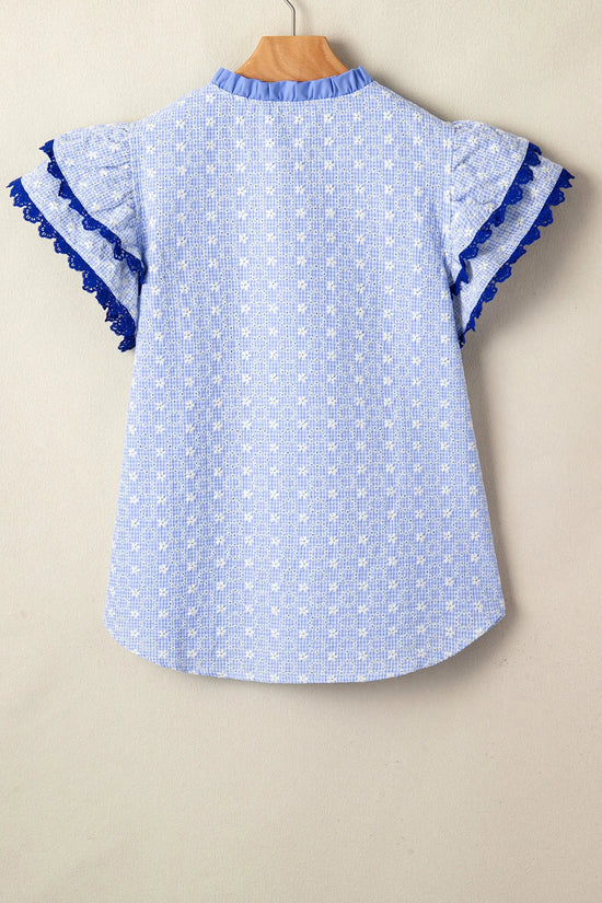 Eyelet embroidered flutter sleeve blouse with lace trim blouses