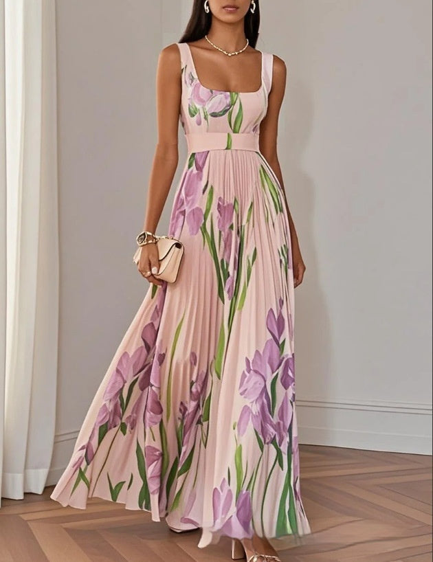 Floral pleated midi dress styled for summer — occasion look women