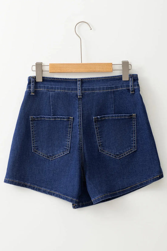 Bluing asymmetric wrapped buttoned high waist denim shorts