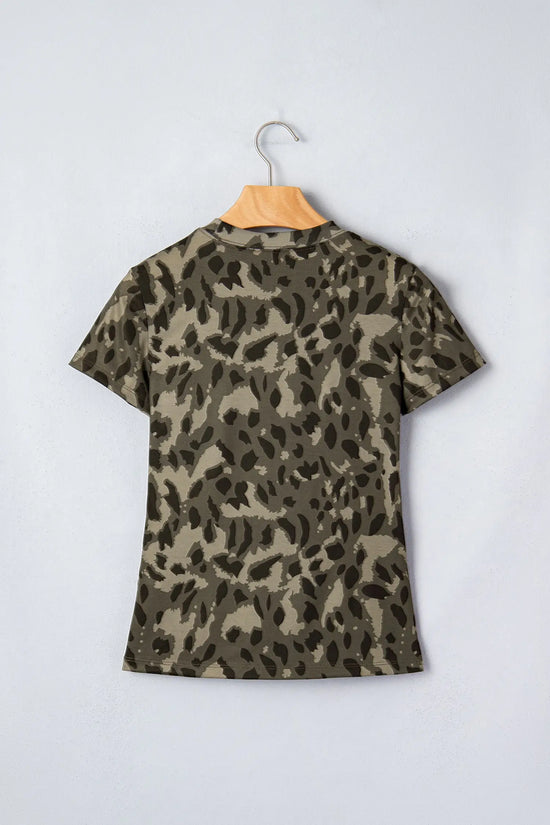 Leopard print slim tee mock neck short sleeve fitted sheath t-shirts