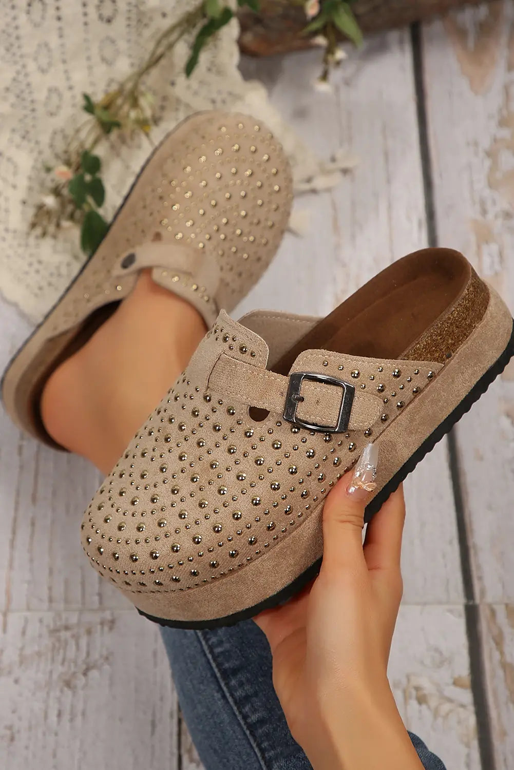 Parchment rivet buckle closed toe platform slippers