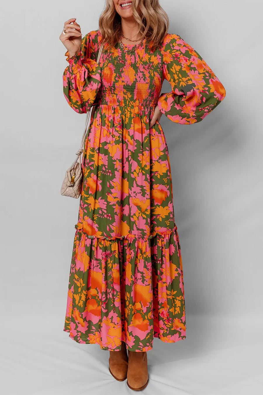 Orange Floral Smocked Bodice Puff Sleeve Ruffled Maxi Dress Women UK