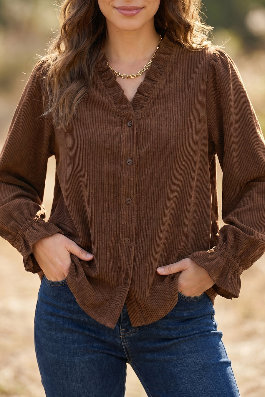 Corduroy button-front shacket — back view
