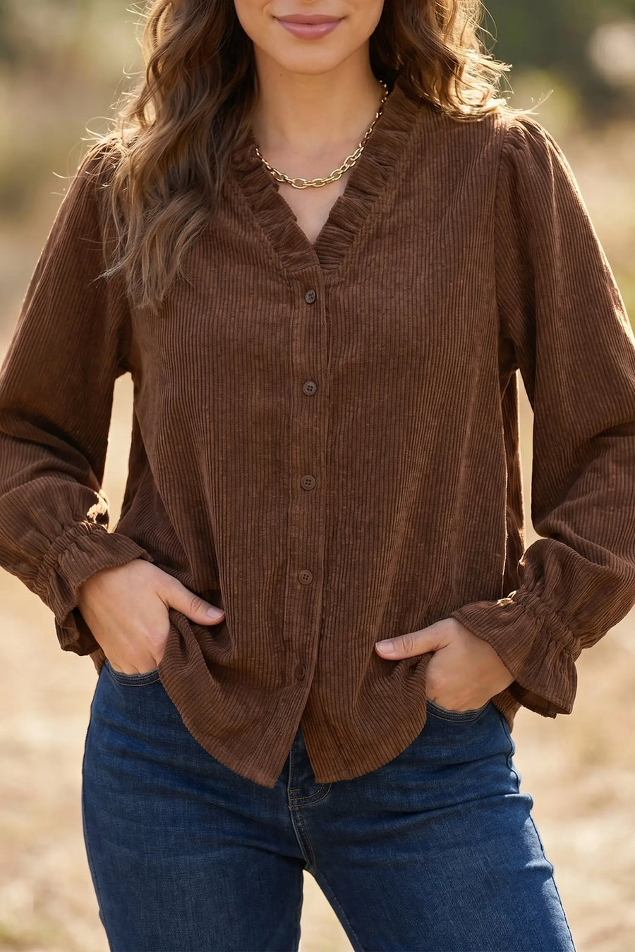 Ruffle Trim V-Neck Corduroy Shacket