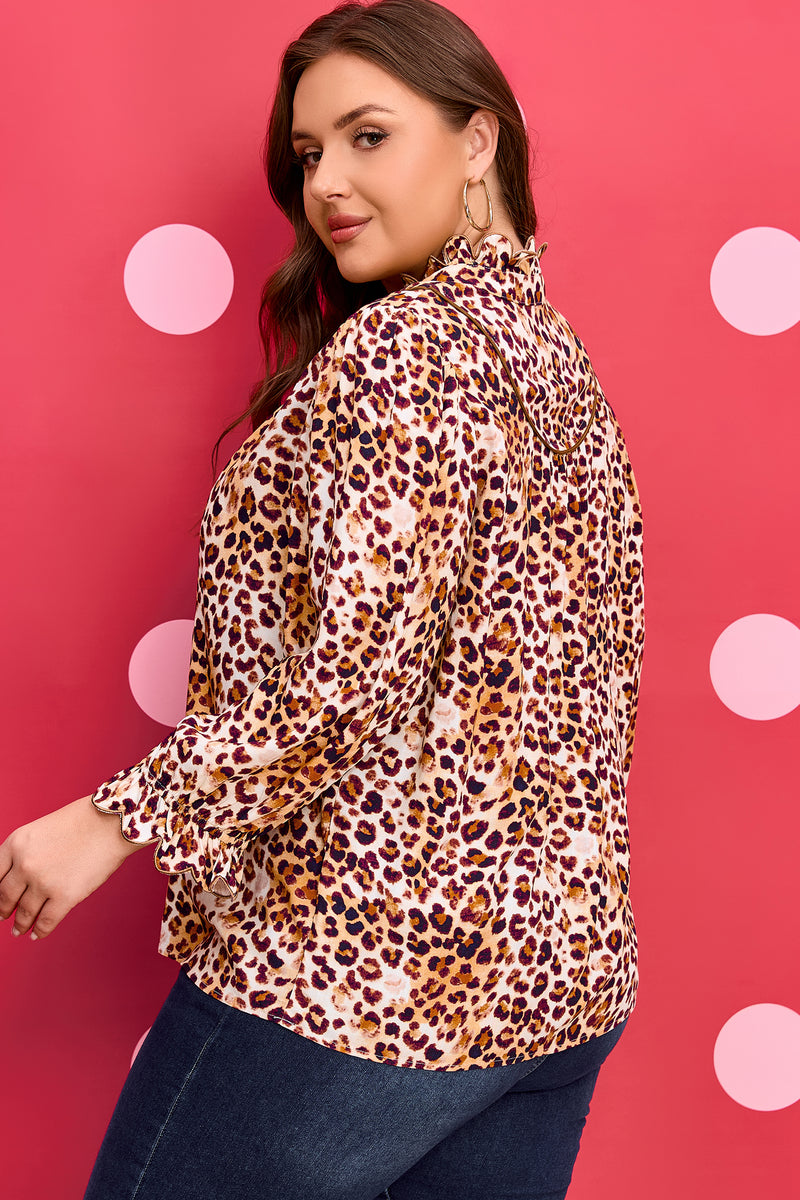 Back view of leopard frilled stand neck plus size blouse