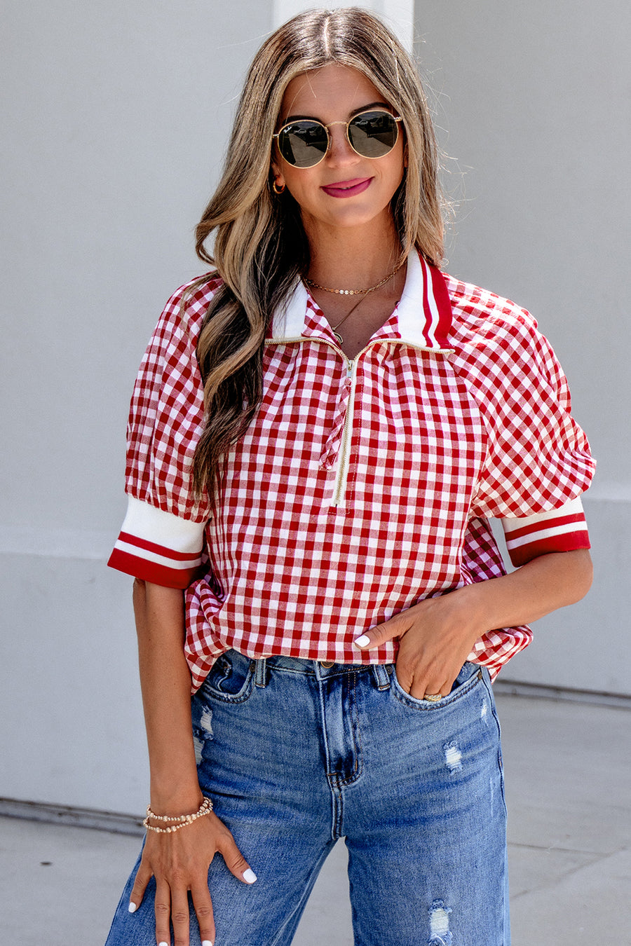 Gingham Striped Patchwork Half-Zip Blouse Women UK