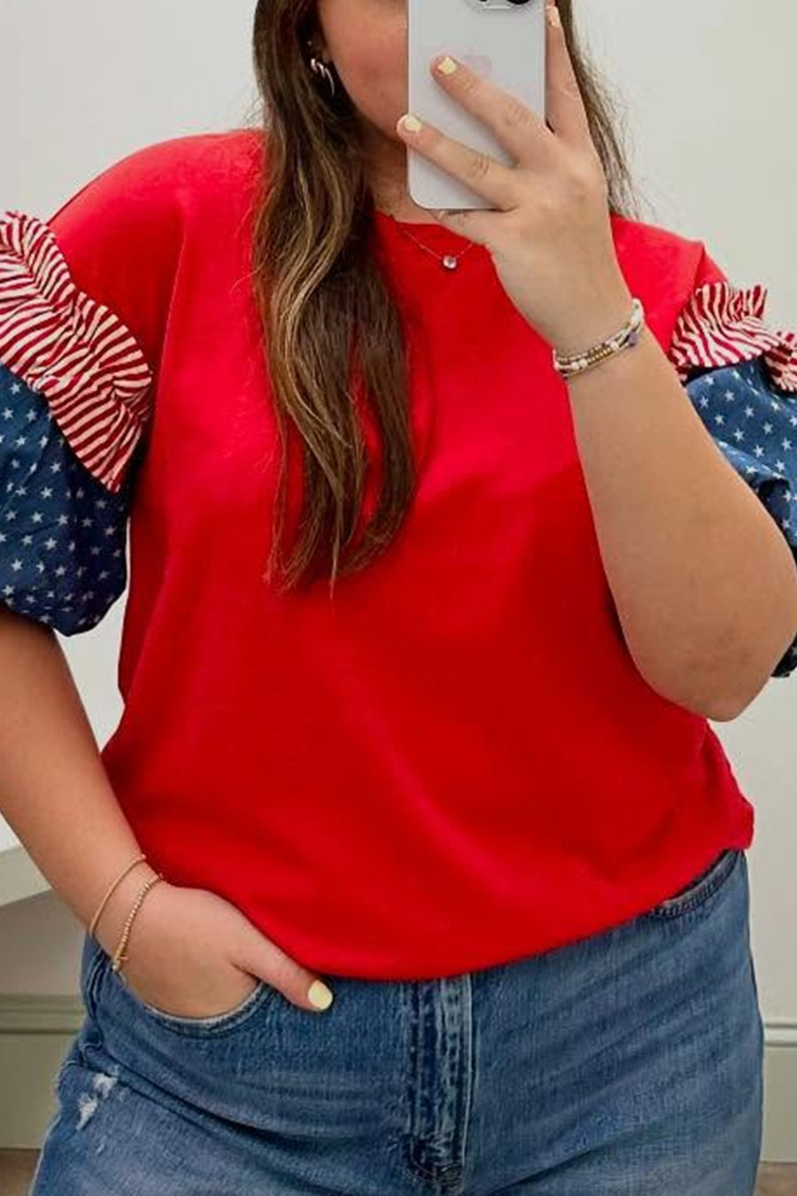 Striped Ruffle Star Bubble Sleeve Patchwork Plus Size Top Women UK