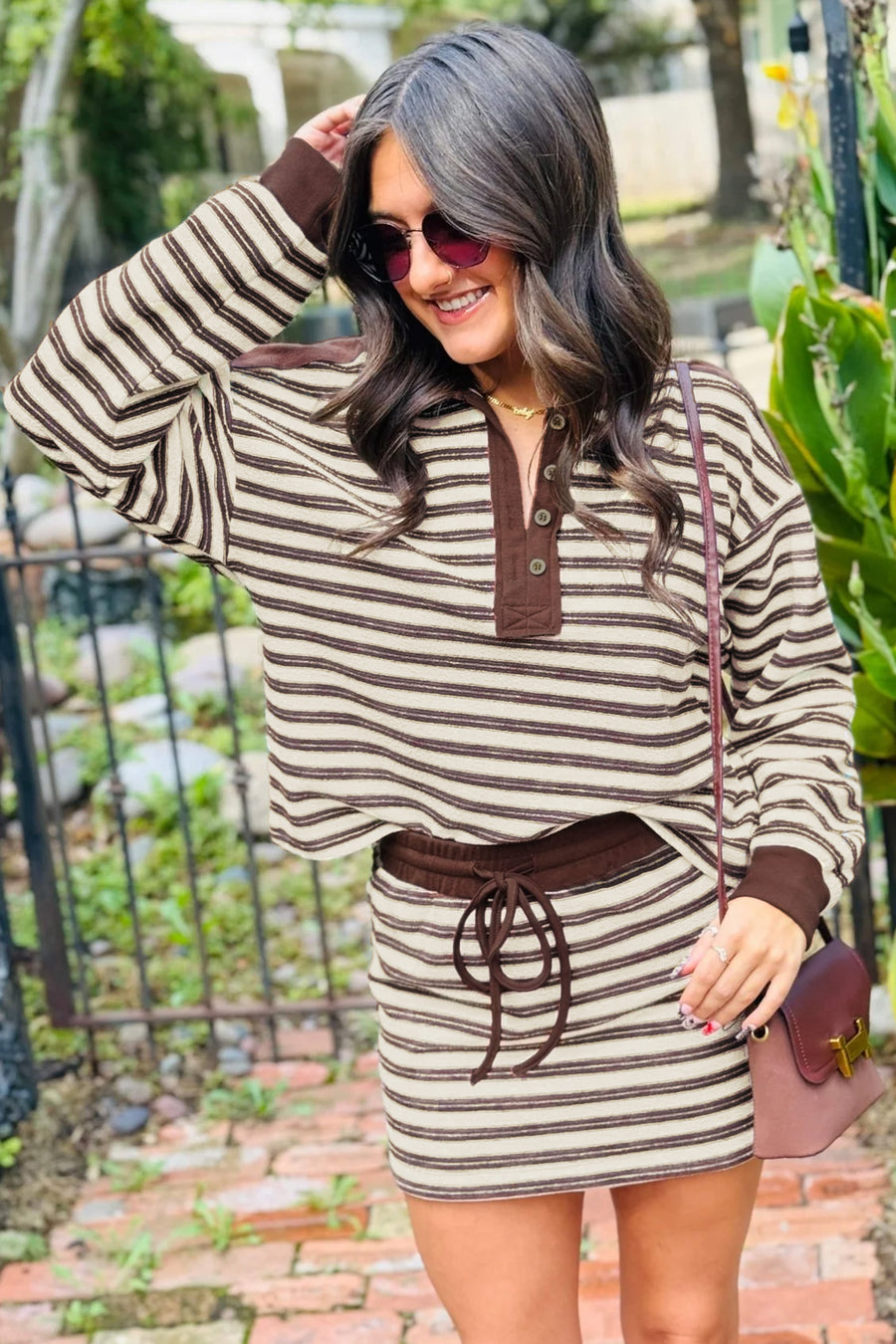 Long sleeve button neck top from brown stripe skirt set — Fashionfitz UK