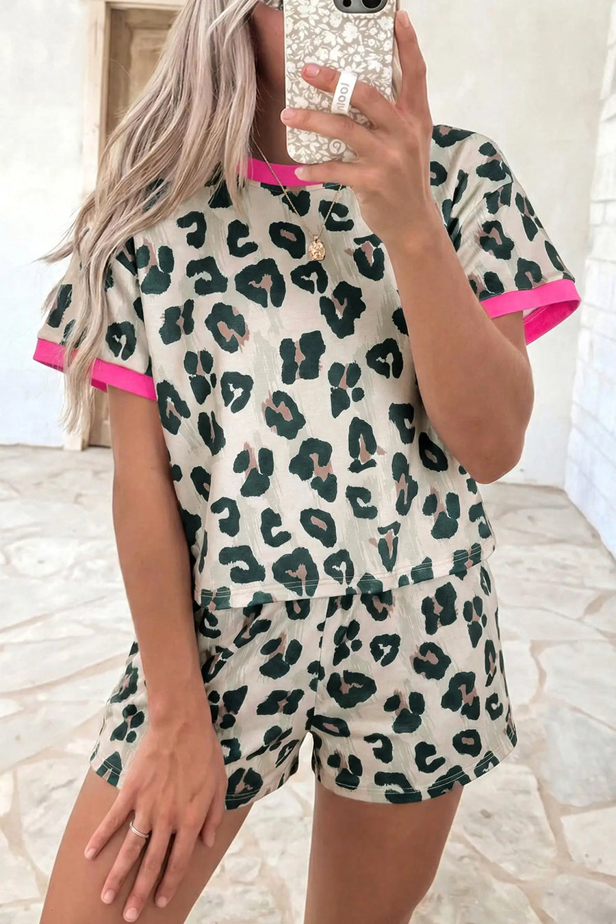 Leopard print contrast trim short set two piece top high waist shorts outfit sets