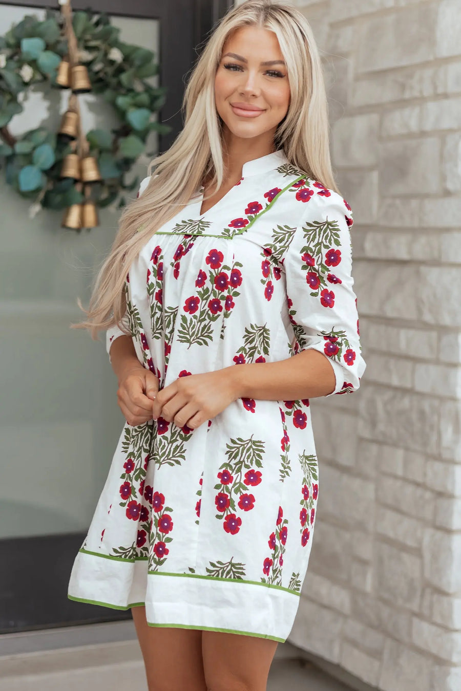 White Floral Frilled V Neck 3/4 Sleeve Loose Dress Women UK — full length