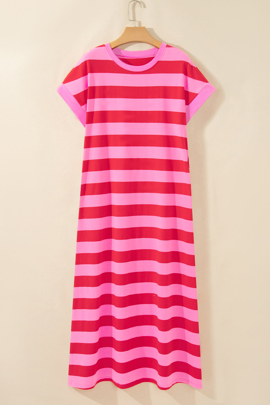 Stripe Cuffed Short Sleeve Pocketed Maxi Dress
