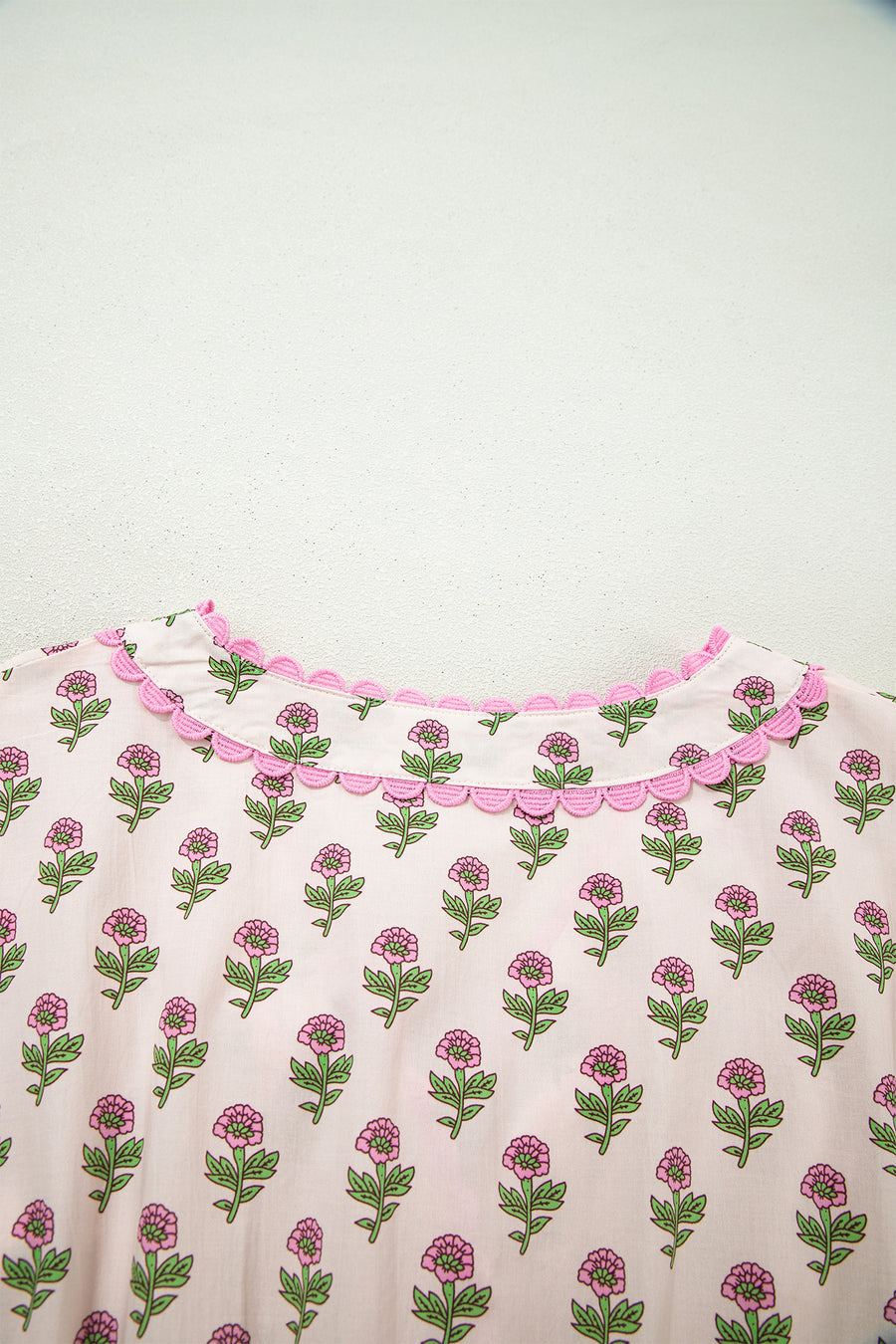 Pink Floral Scallop Trim V Neck Button Front Maxi Dress Women UK — close-up detail