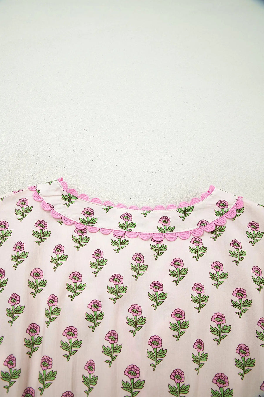 Pink Floral Scallop Trim V Neck Button Front Maxi Dress Women UK — close-up detail