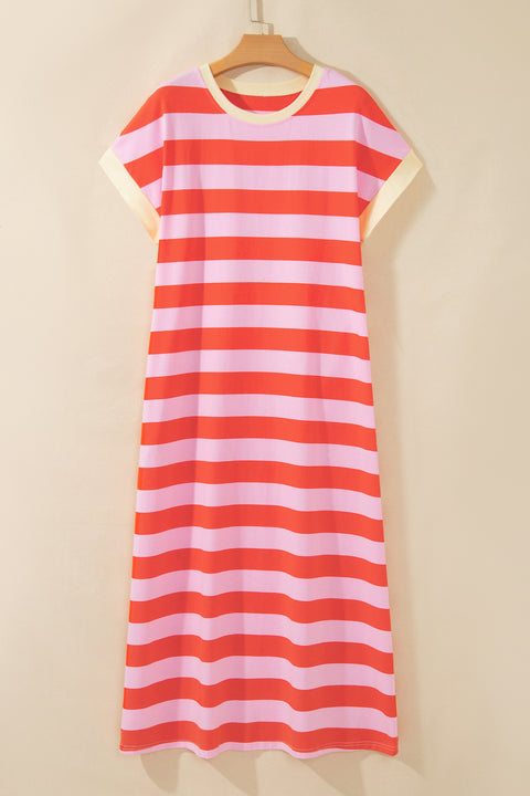 Stripe Cuffed Short Sleeve Pocketed Maxi Dress