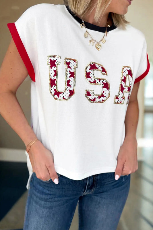 Women’s usa sequin colourblock letter print loose t-shirt t-shirts