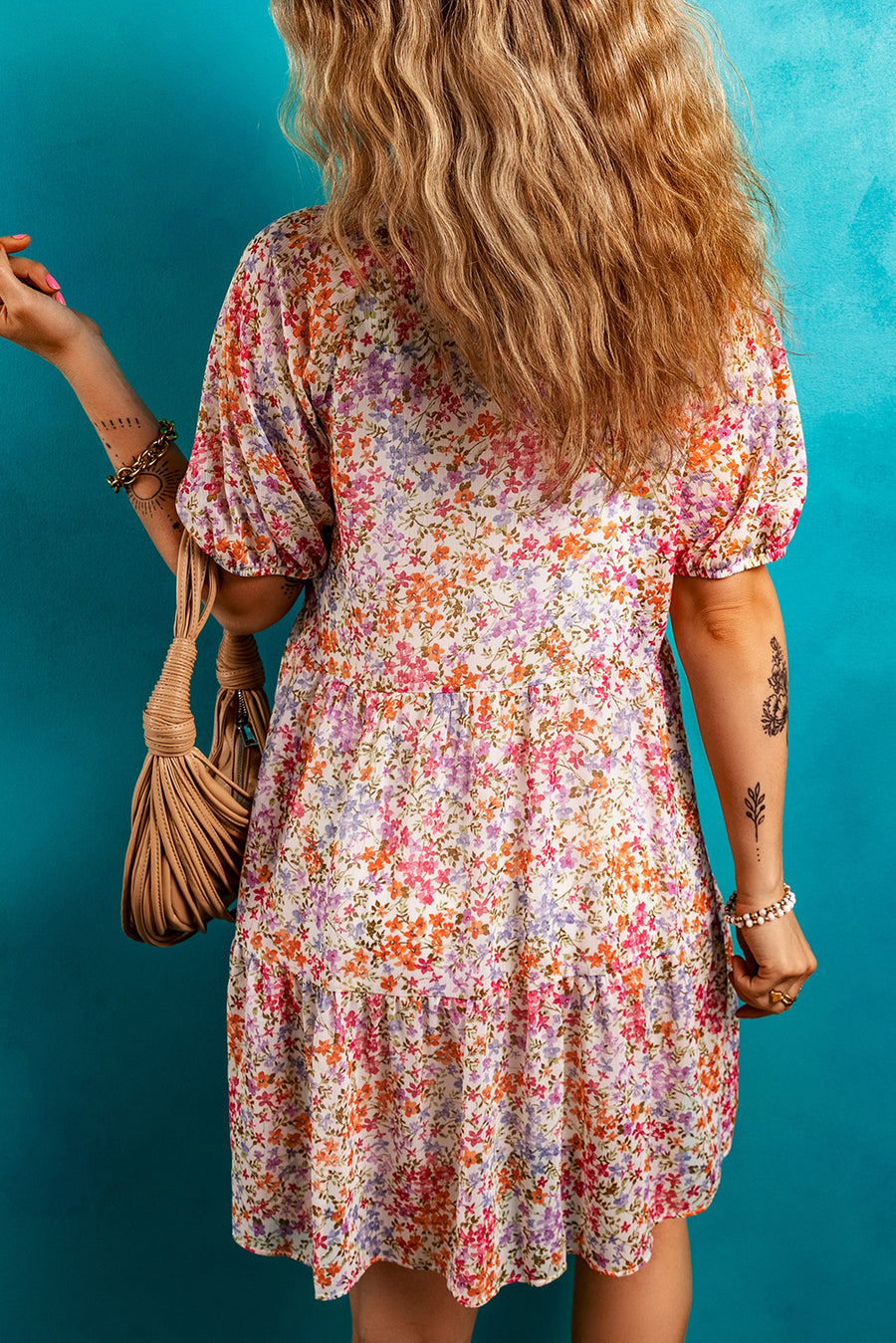 Red Floral Puff Sleeve Notched V Neck Tiered Mini Dress Women UK