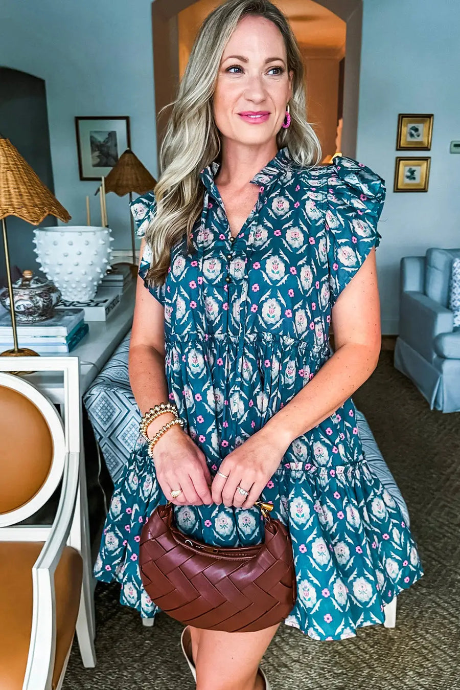 Blue Retro Floral Split Neck Ruffle Short Sleeve Dress Women UK