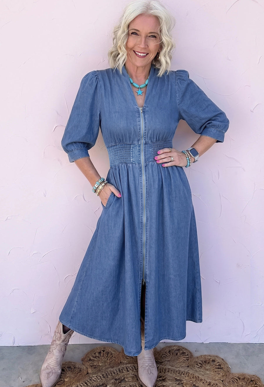 V neck denim midi dress side view showing A-line silhouette — Fashionfitz UK