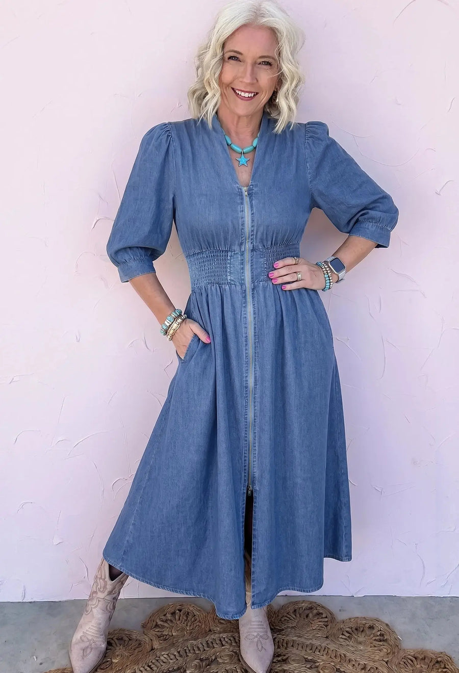 V neck denim midi dress side view showing A-line silhouette — Fashionfitz UK