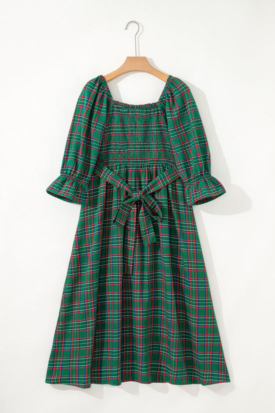 Red Green Tartan Plaid Flared Midi Dress
