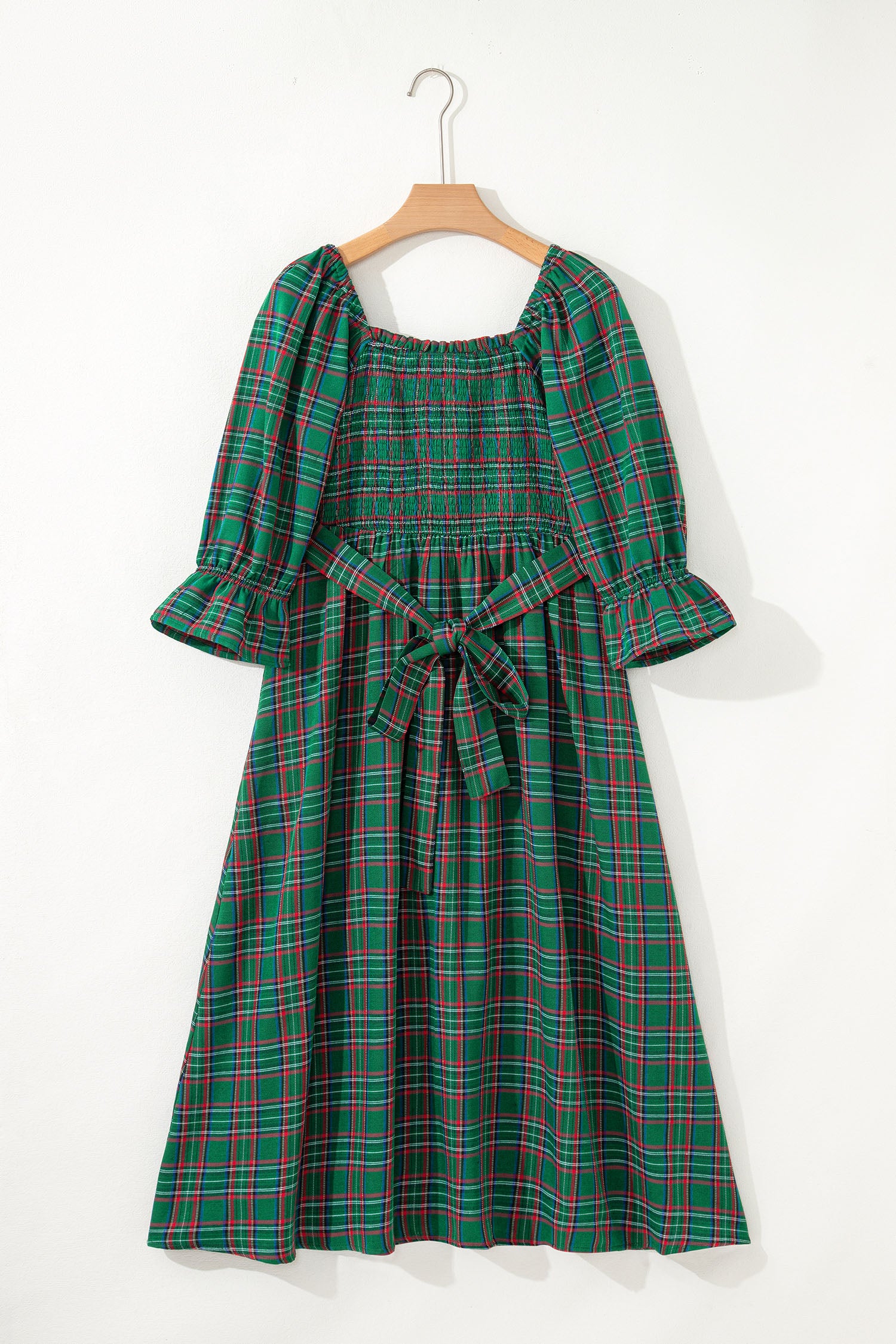 Red Green Tartan Plaid Flared Midi Dress