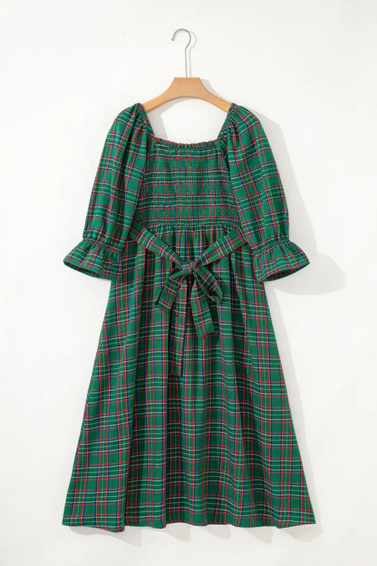 Red green tartan plaid flared midi dress dresses