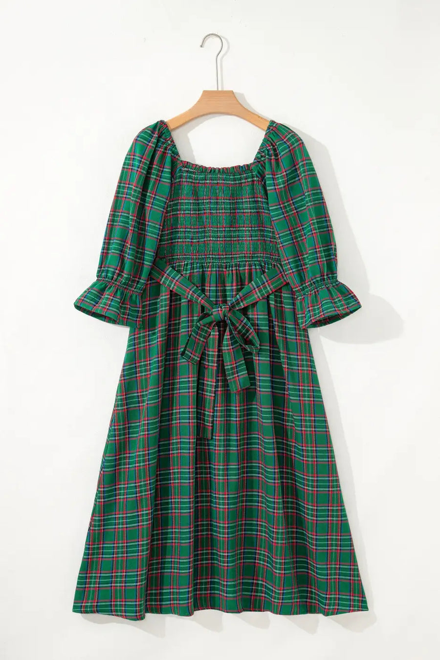 Red green tartan plaid flared midi dress dresses