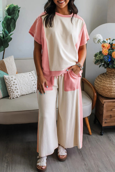 White Colorblock Patchwork Tee Drawstring Loose Pant 2-Piece Set Women UK