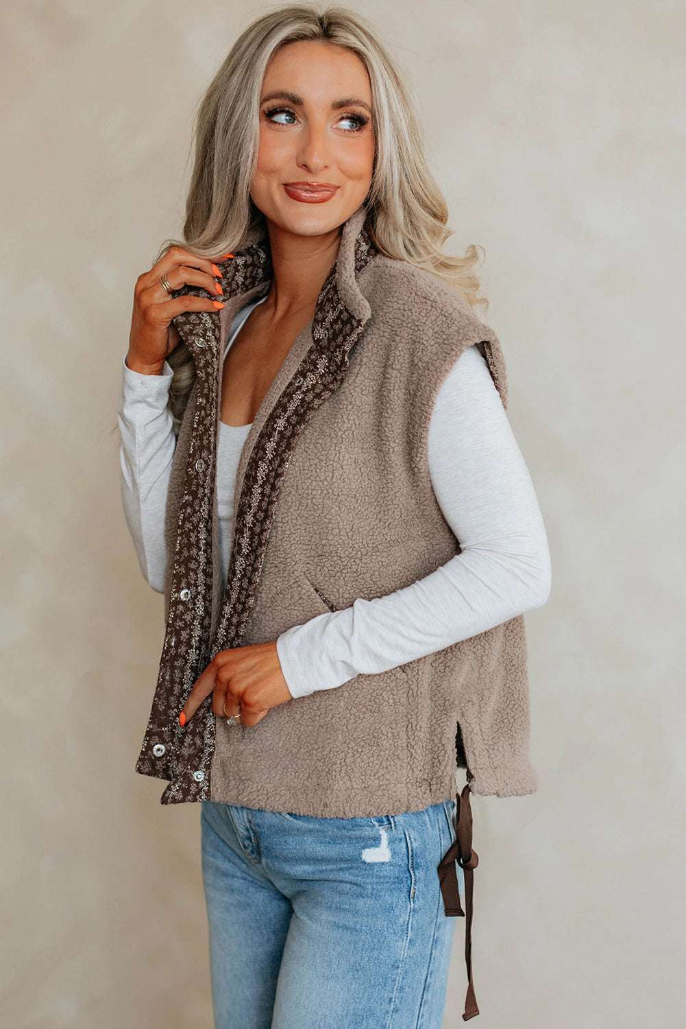 Side angle of Women's Country Borg Fleece Gilet Winter Vest FashionFitz showing soft sherpa fleece and floral button placket for fall layering.