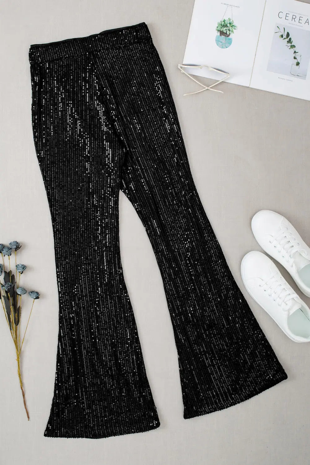 Black sequin wide leg pants