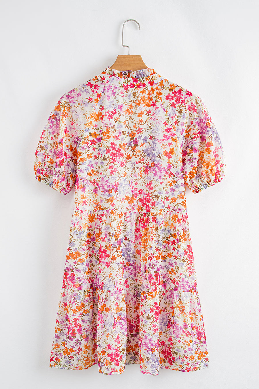 Red Floral Puff Sleeve Notched V Neck Tiered Mini Dress Women UK