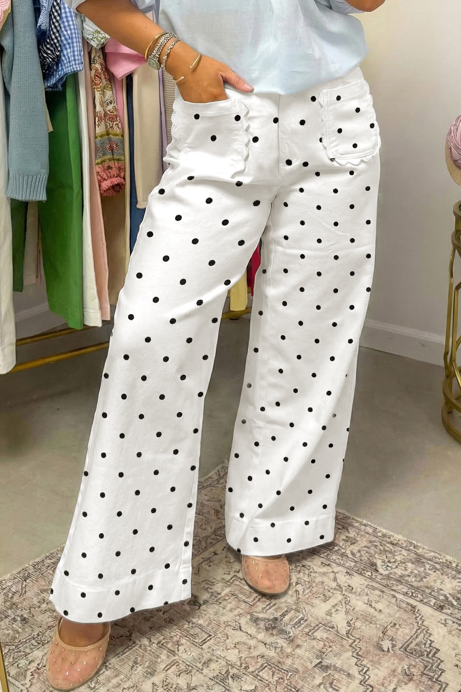 Polka Dot Scalloped Pocket Cotton Shift Pants Women UK