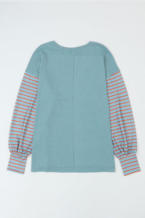 Green Colorblock Bishop Sleeve Top - Striped Casual Chic