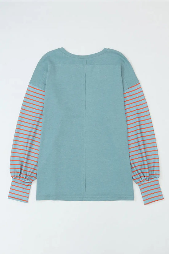 Green colorblock bishop sleeve top - striped casual chic