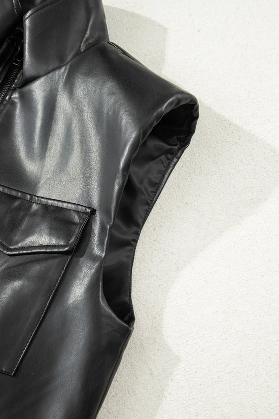 Black double flap pocket faux leather zip up stand neck vest