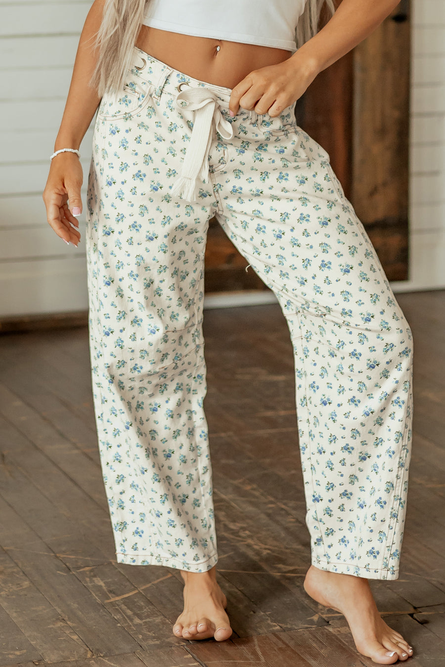 Grommet Knot Waist Floral Barrel Leg Jeans