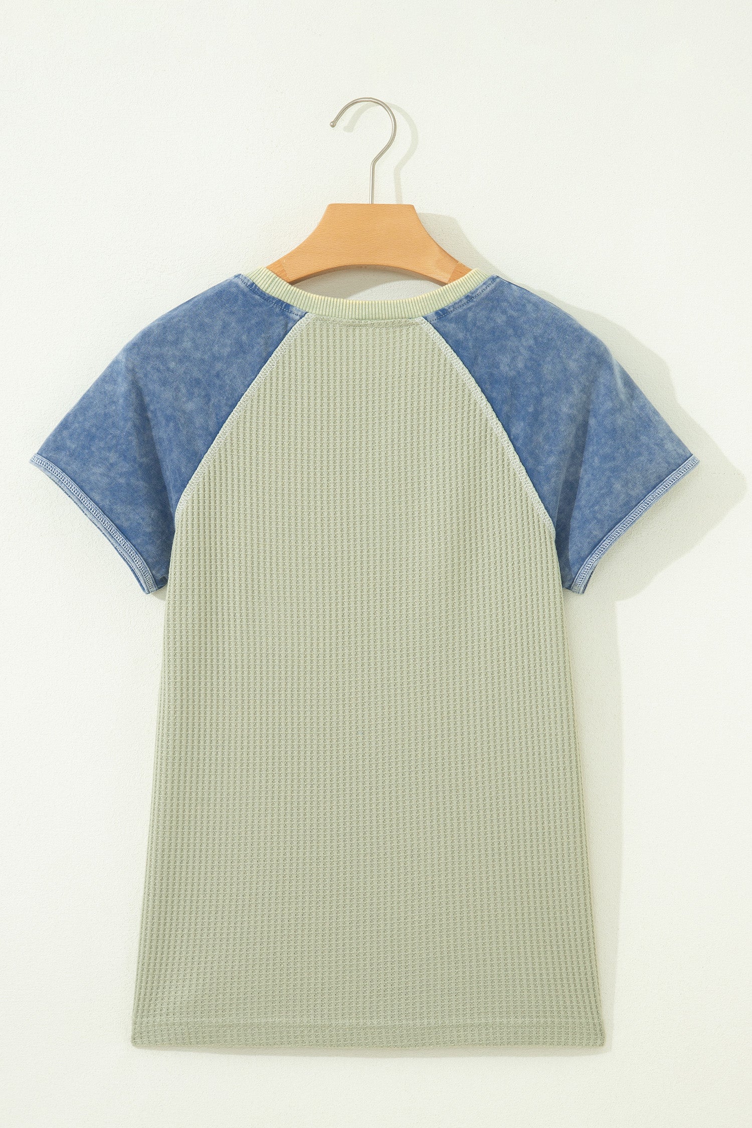 Waffle Knit Seam Detail Colour Block Patchwork Short Sleeve Top