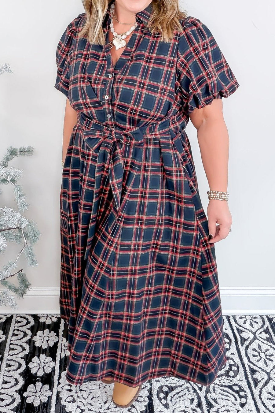 Plaid V Neck Belted Waist Short Sleeve Plus Size Dress Women UK