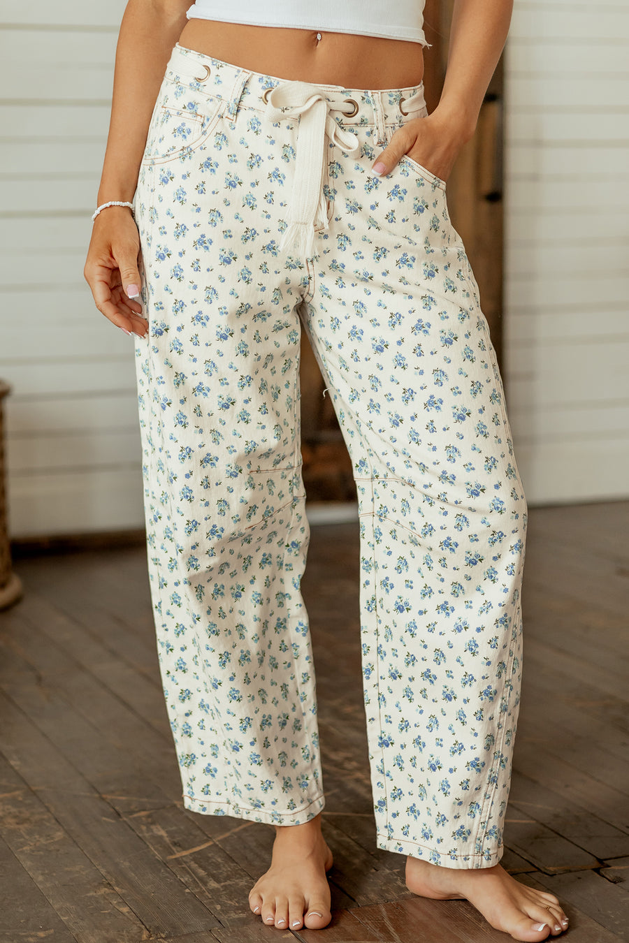 Grommet Knot Waist Floral Barrel Leg Jeans